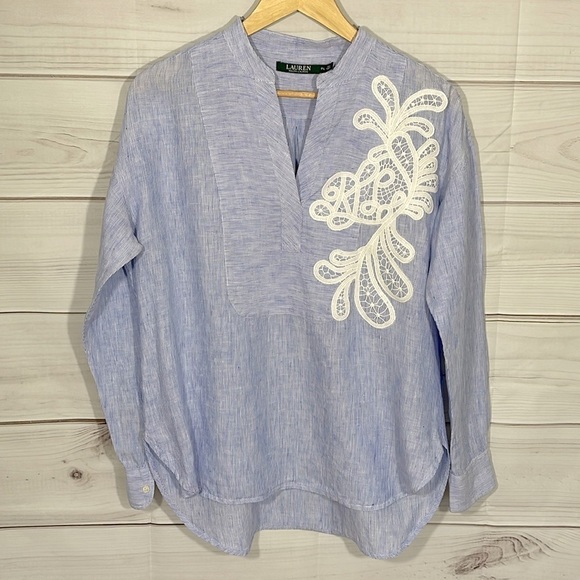 Lauren Ralph Lauren Blue & White Linen Applique Top Size PL - Picture 1 of 11